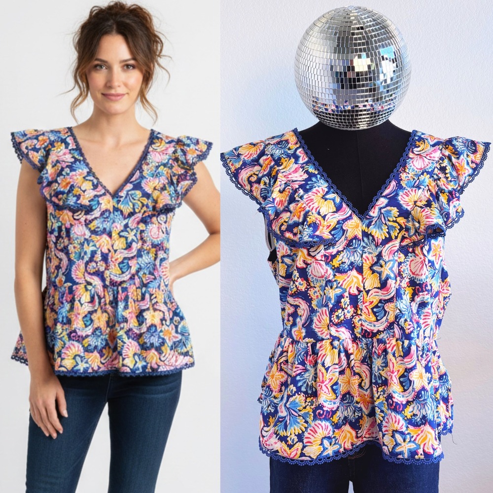 Nanette Lepore Floral Peplum Top, Womens Large, Blue paisley‎ Y2K, Ruffle V Neck
